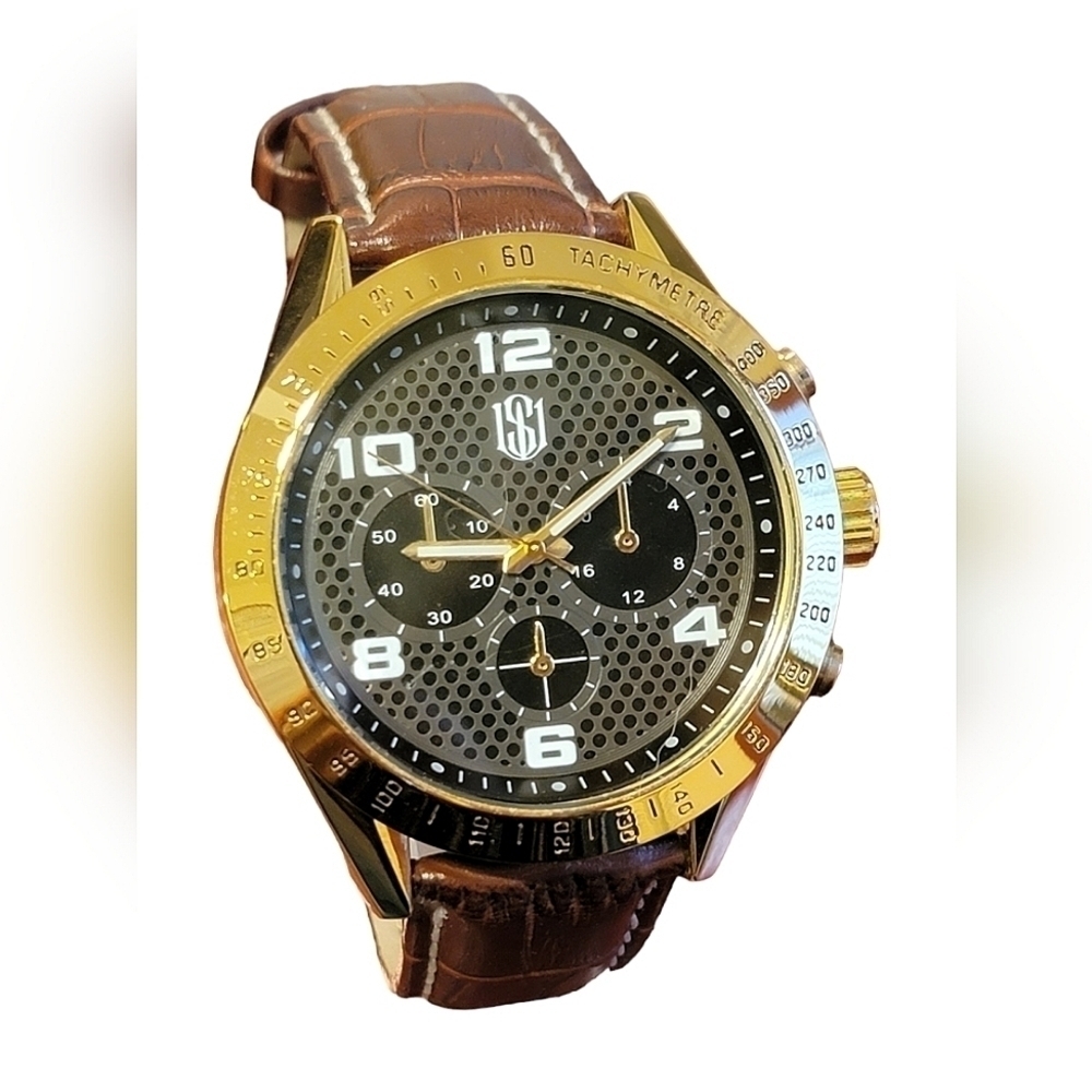 Men's Wrist Society Watch Large Face Gold Tone Brown Leather Band